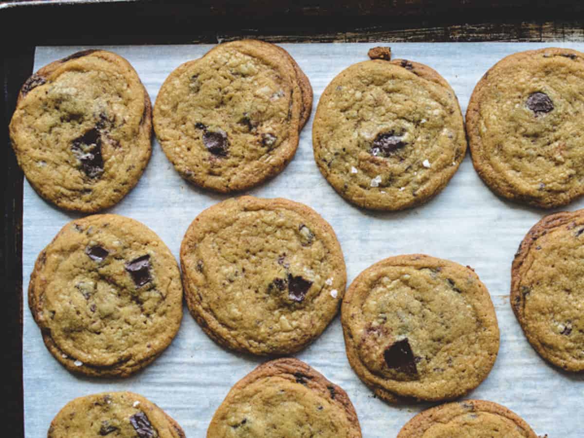 Baked cookies on a baking tray with parchment paper. 