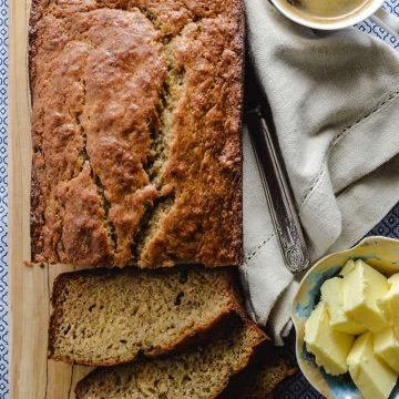 Banana loaf with butter and coffee