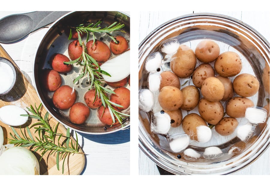 Red potatoes for Nicoise Saladin a pot with rosemary, onion and peppercorns before cooking. Potatoes after cooking in bowl of ice water