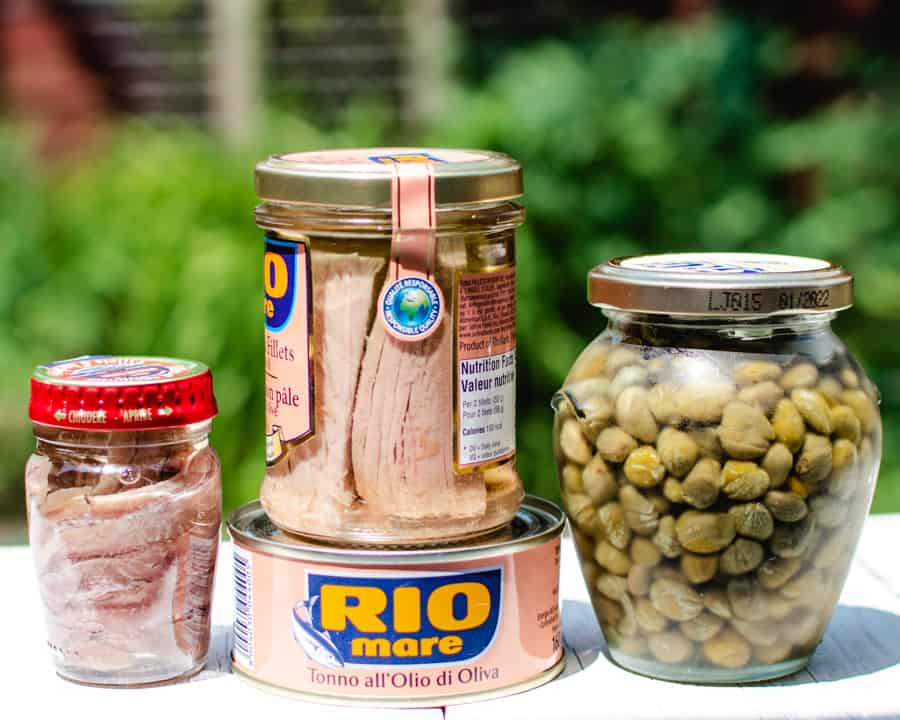 Jar of anchovies, tuna and capers for Nicoise Salad