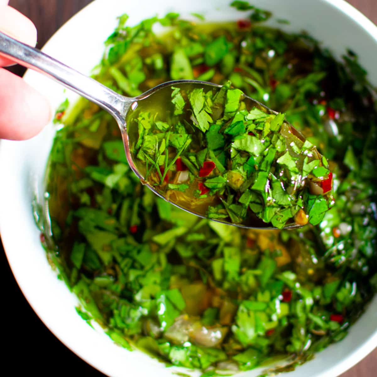 The finished sauce in a white bowl. 