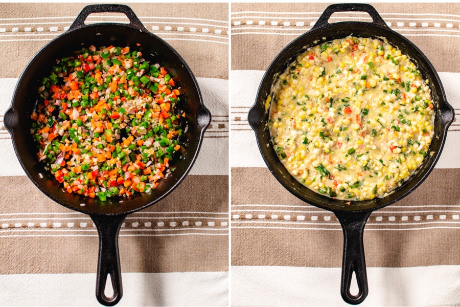 2 photos of cast iron pan with sauteed vegetables and the finished cream corn.