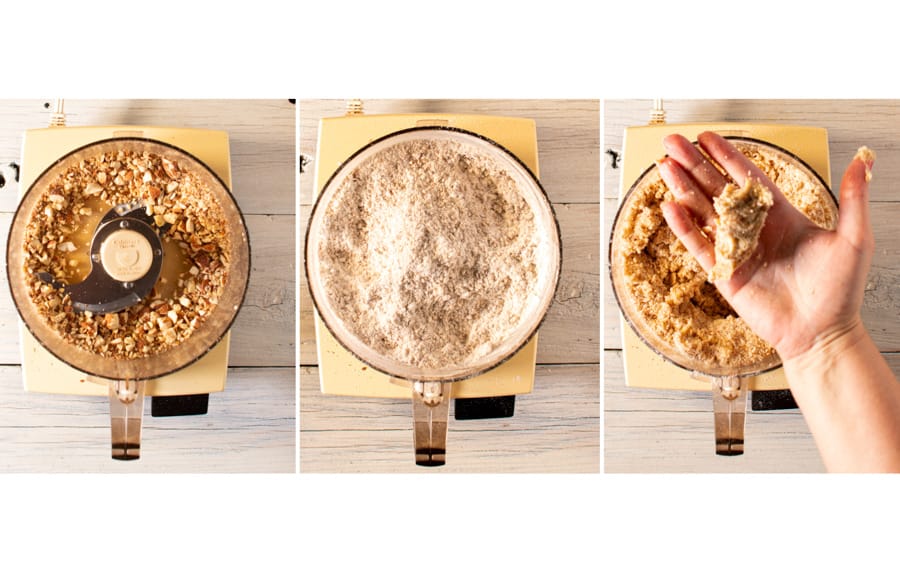 triptych of crust making process in a food processor