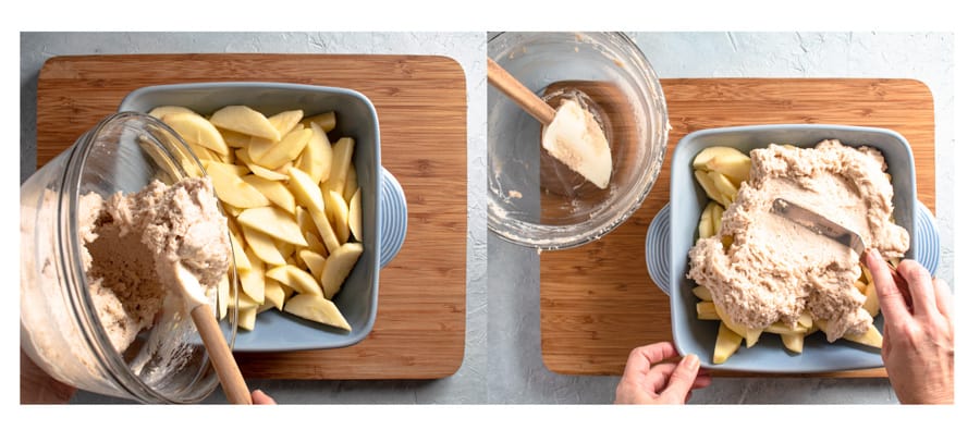 action shots showing pouring batter over apples and spreading it out