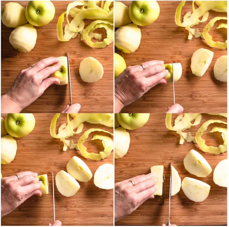 series of 4 photos showing how to core an apple