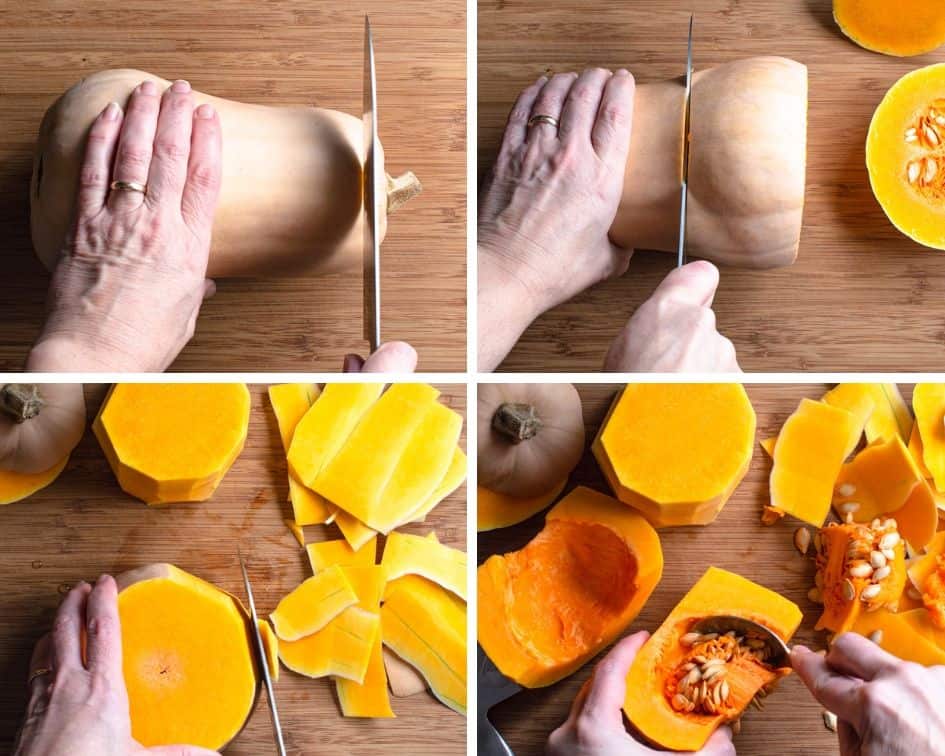 series of 4 images showing  how to peel a butternut squash