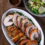 stuffed turkey breast, sliced with side of brussels sprout slaw and gravy