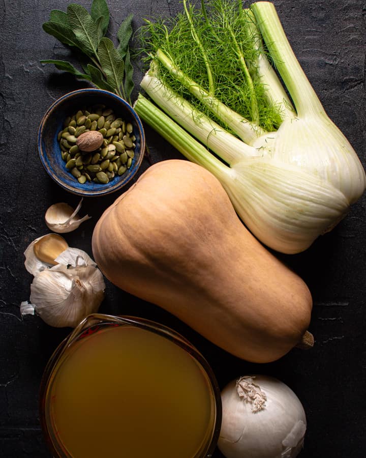 ingredients for butternut squash soup before being prepared