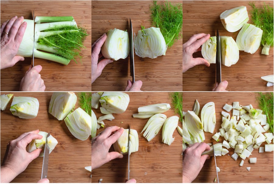 6 images showing how to cut and core a fennel bulb