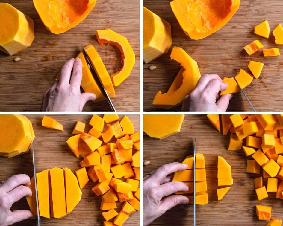 a series of 4 images showing how to dice a butternut squash