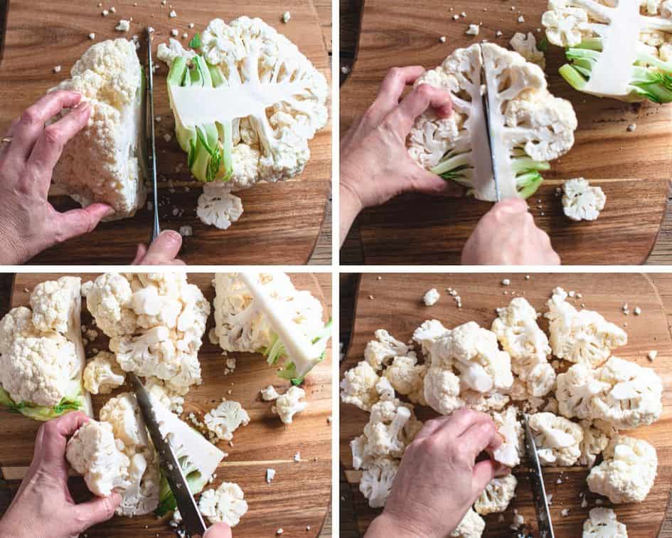 photo collage showing how to cut up a head of cauliflower