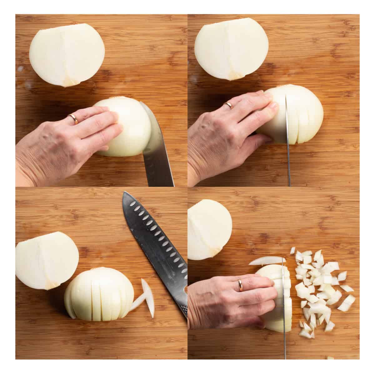 step by step showing how to dice an onion.