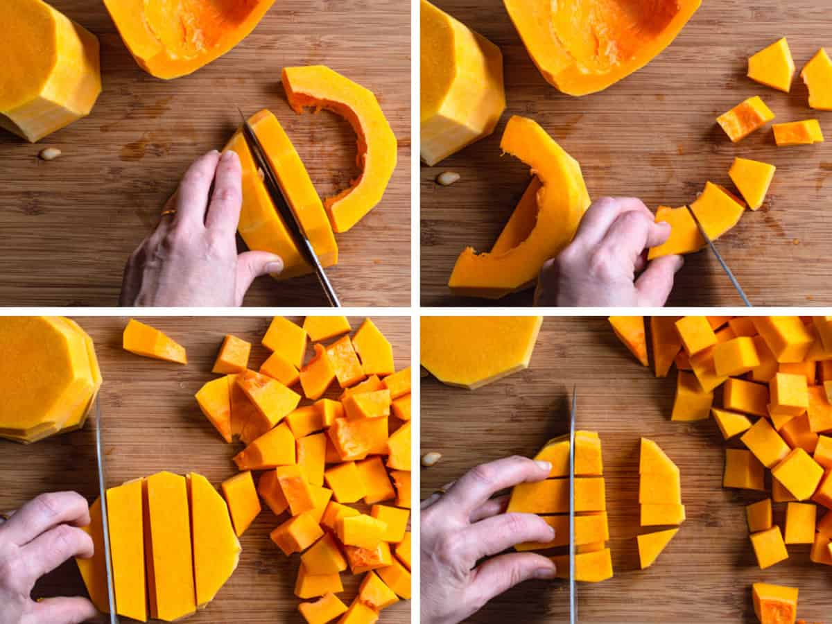 cutting a butternut squash into cubes in 4 steps. 
