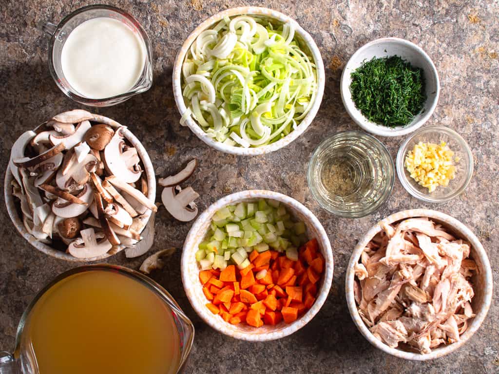 prepared ingredients for creamy chicken and mushroom soup