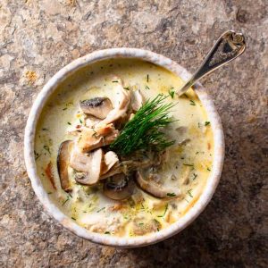 single bowl of creamy chicken and mushroom soup with spoon