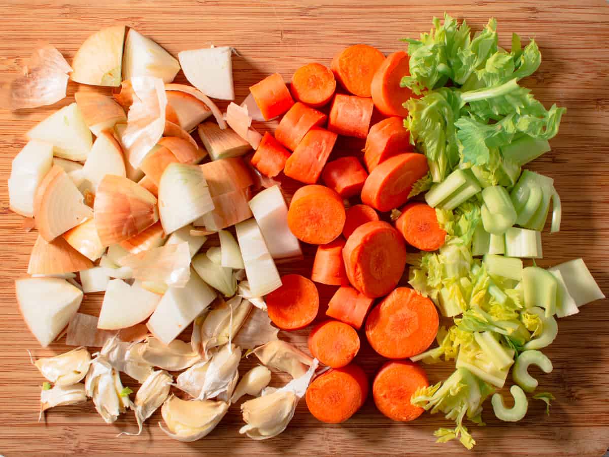 Rough chopped carrots, celery, onion and garlic for chicken stock