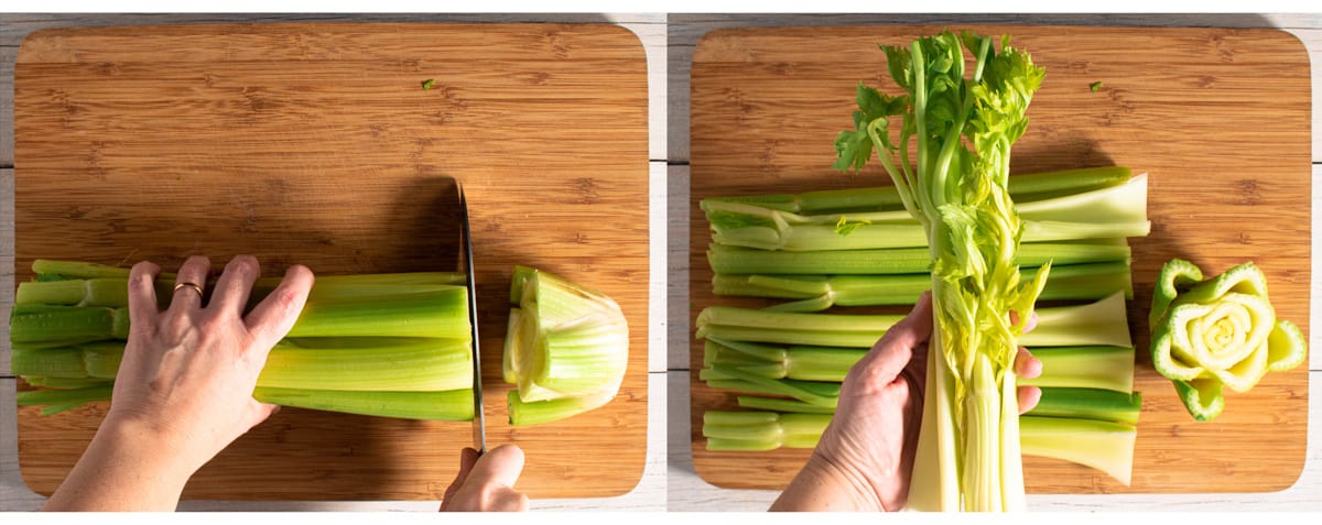 Cutting a bunch of celery to take out the core part for chicken stock