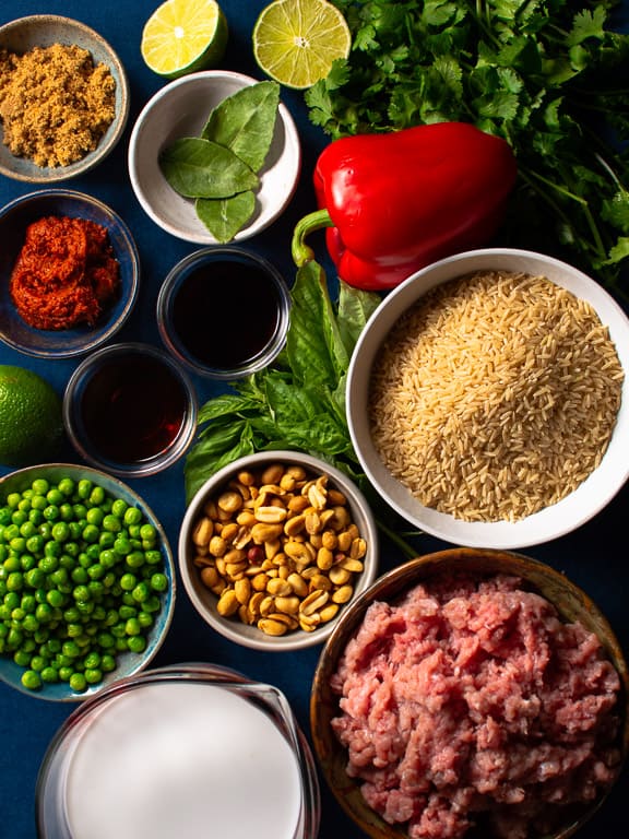 all the unprepared ingredients for making thai meatballs