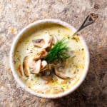 one bowl of chicken mushroom soup garnished with fresh dill.