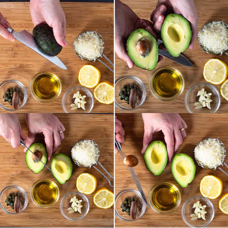 four photos showing how to open and pit an avocado