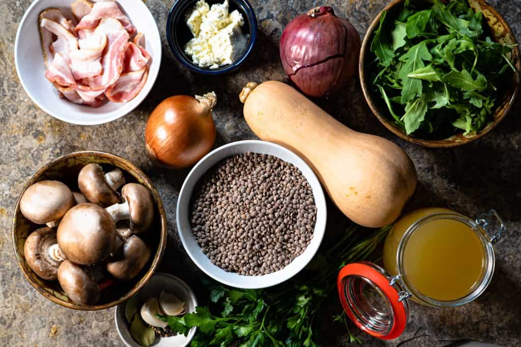 ingredients for warm lentil salad before preparing.
