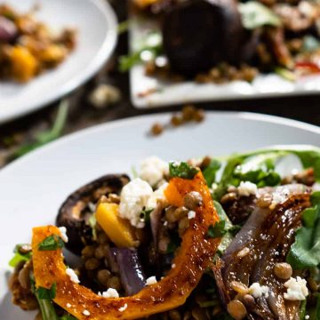 close up of warm lentil salad on white plate