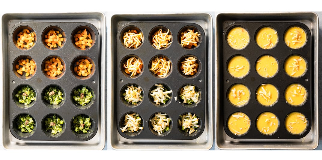 Triptych of assembling ingredients of egg bites in 12 cup muffin tin. First vegetables, then cheese, then egg mixture