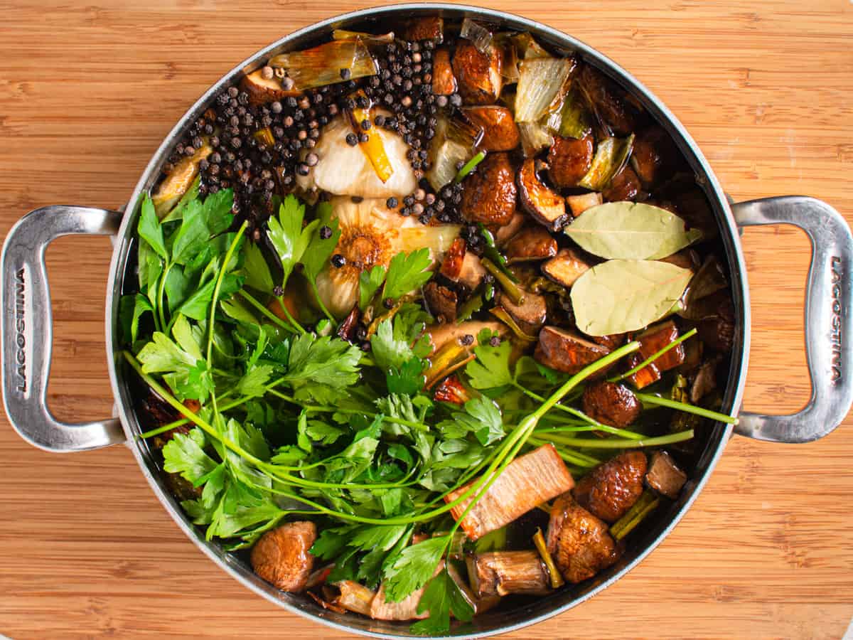 All stock ingredients in a pot with water