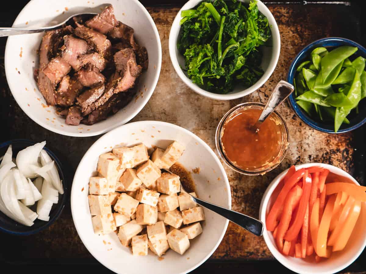 prepared ingredients for beef stir fry