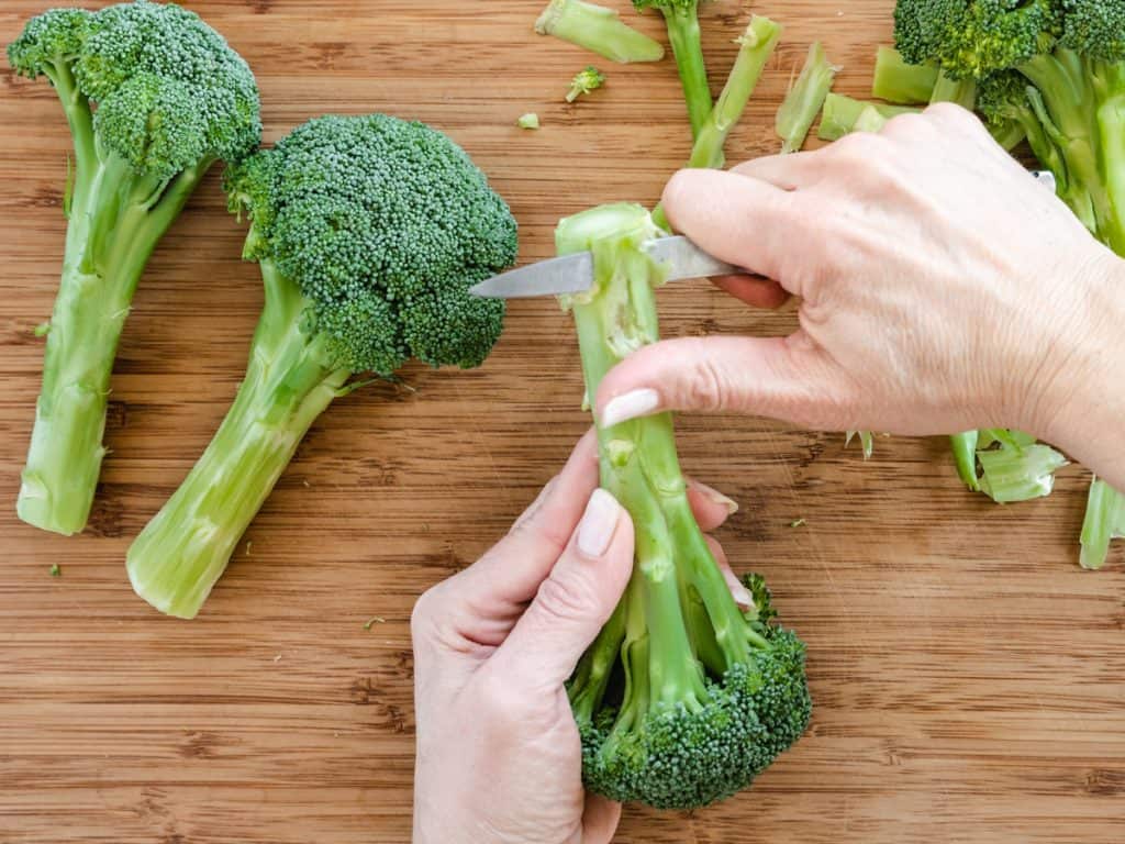 showing how to peel broccoli stems