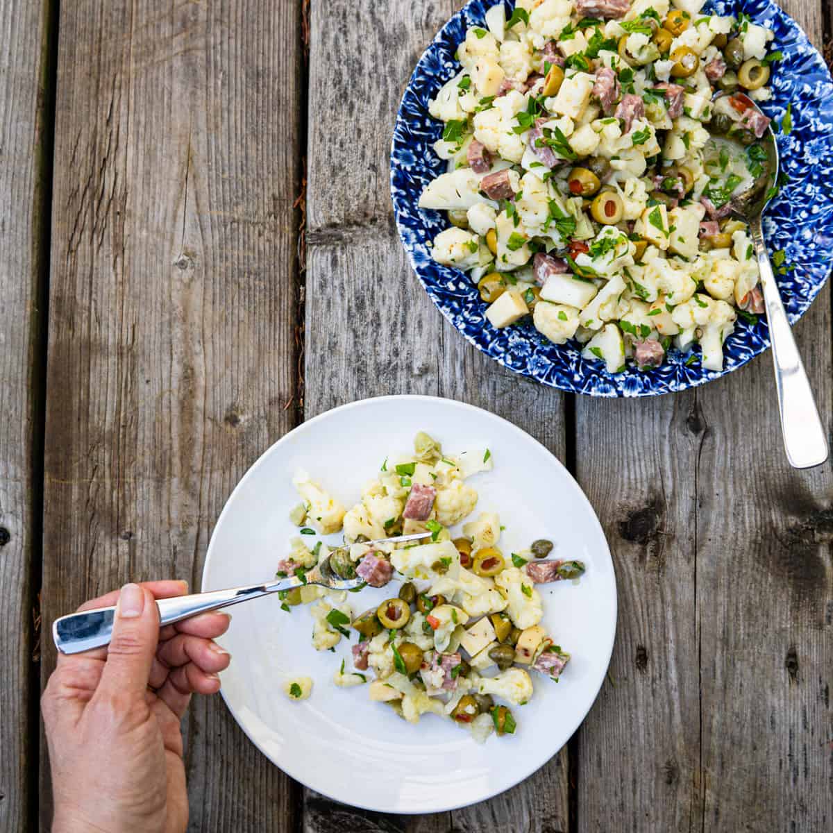 white plate with single serving. Fork full of salad. 