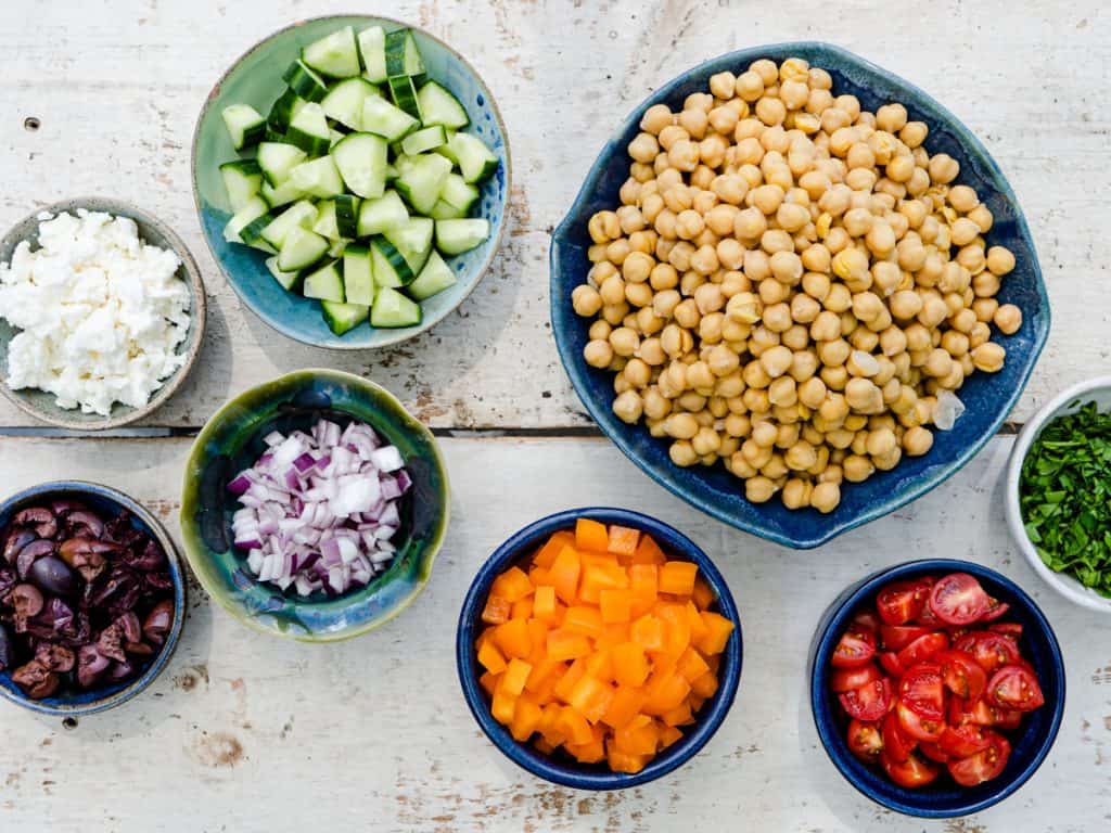 all prepared ingredients for chickpea salad