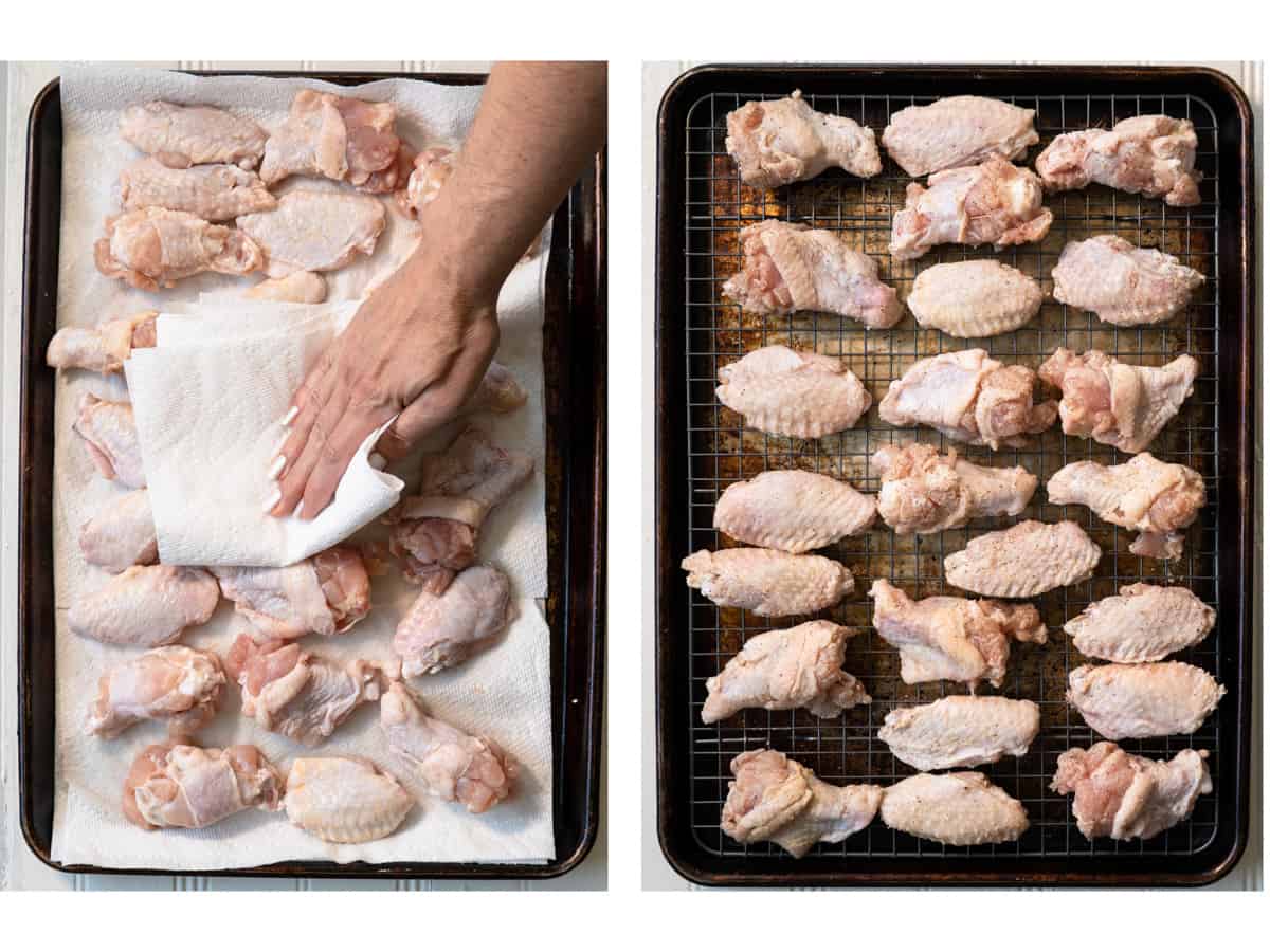 side by side photos showing drying wings with paper towel and them on a wire rack on a tray