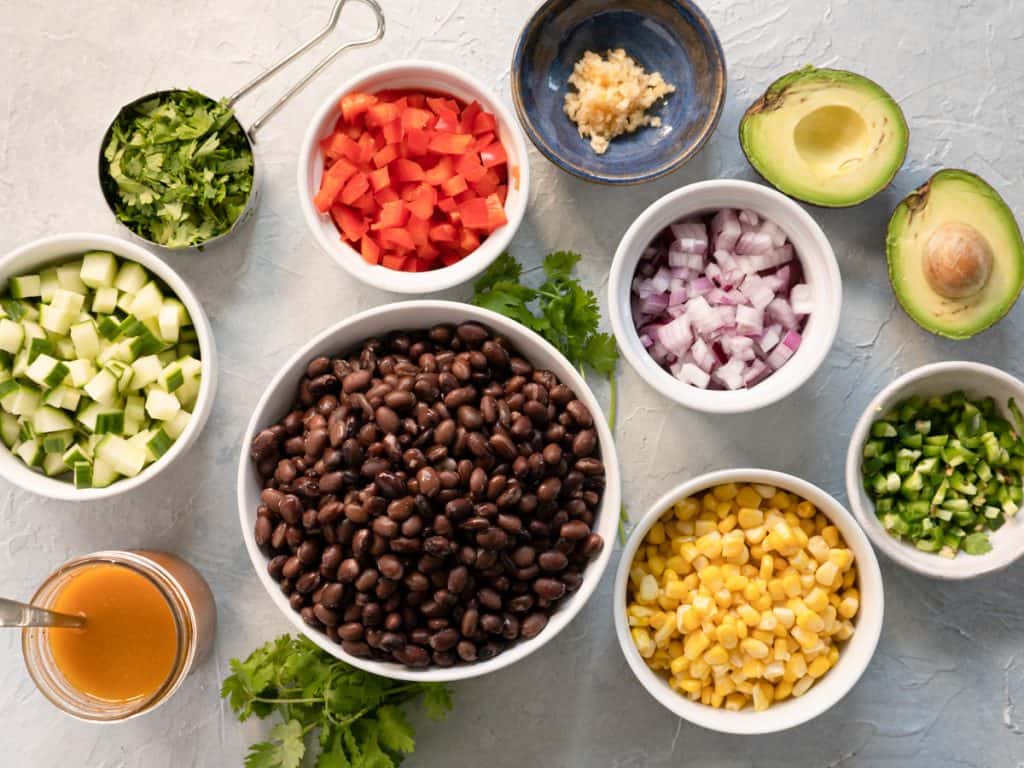 Prepared ingredients for Tex-Mex black bean salad