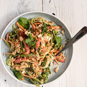 thai style slaw on individual plate with fork on white background