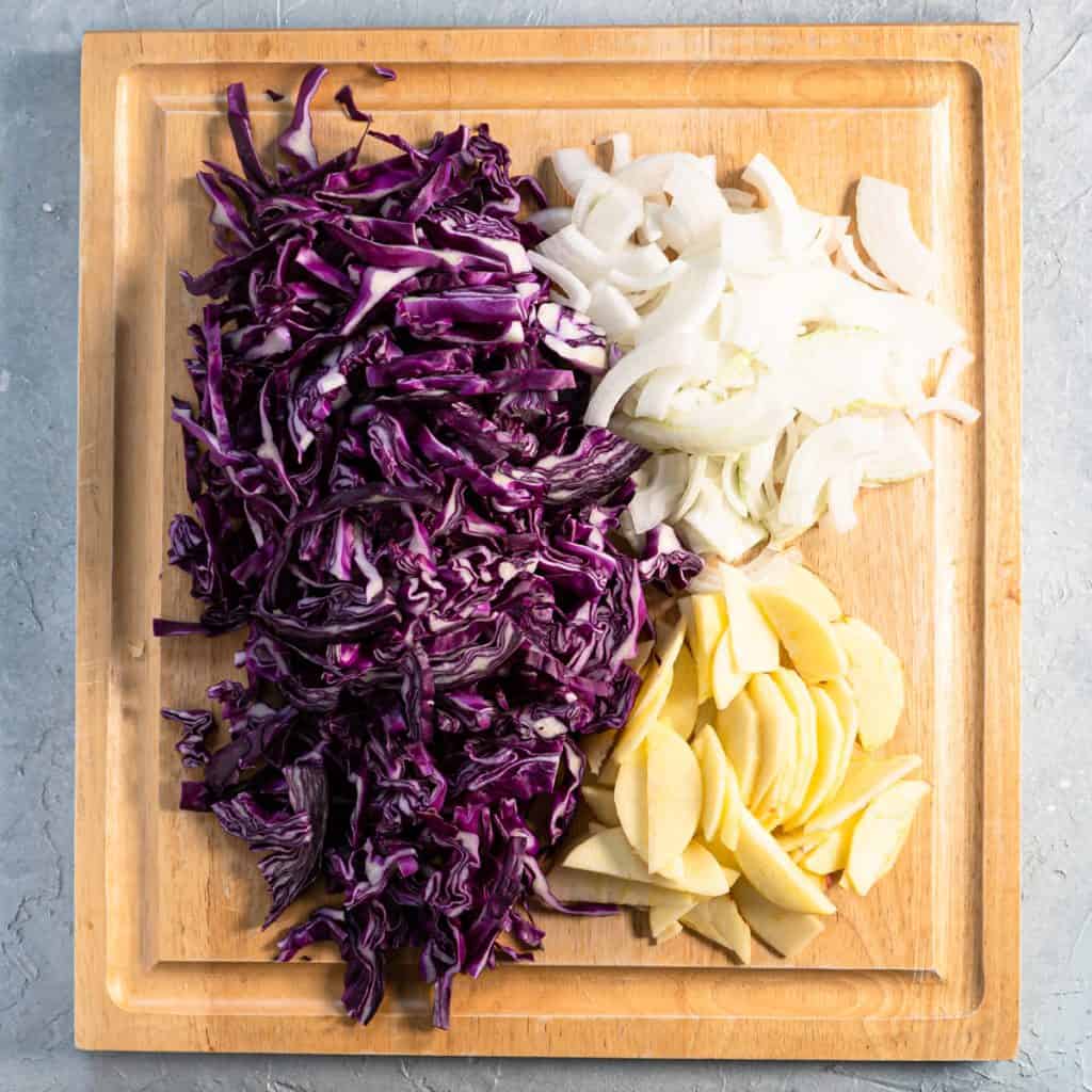 Sliced cabbage, onions and apple for braised red cabbage