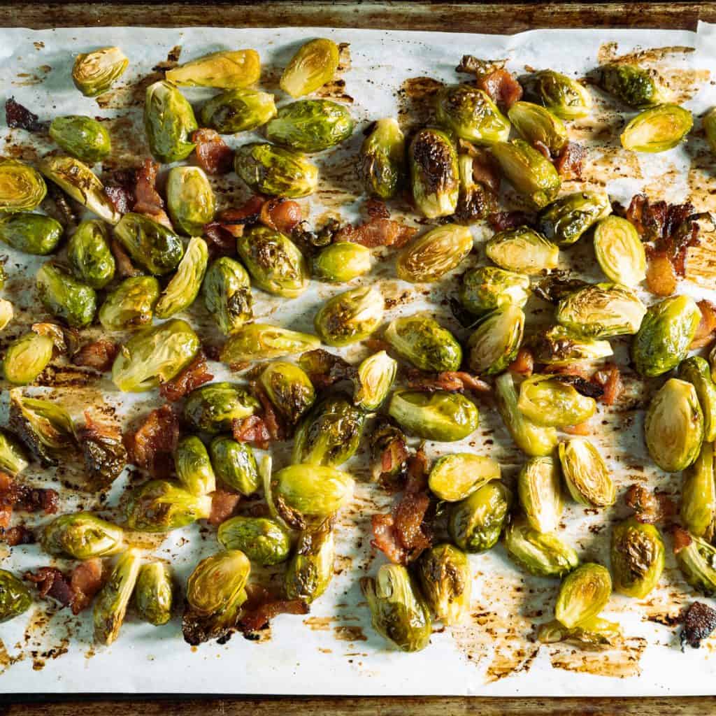 close up of roasted maple bacon brussels sprouts