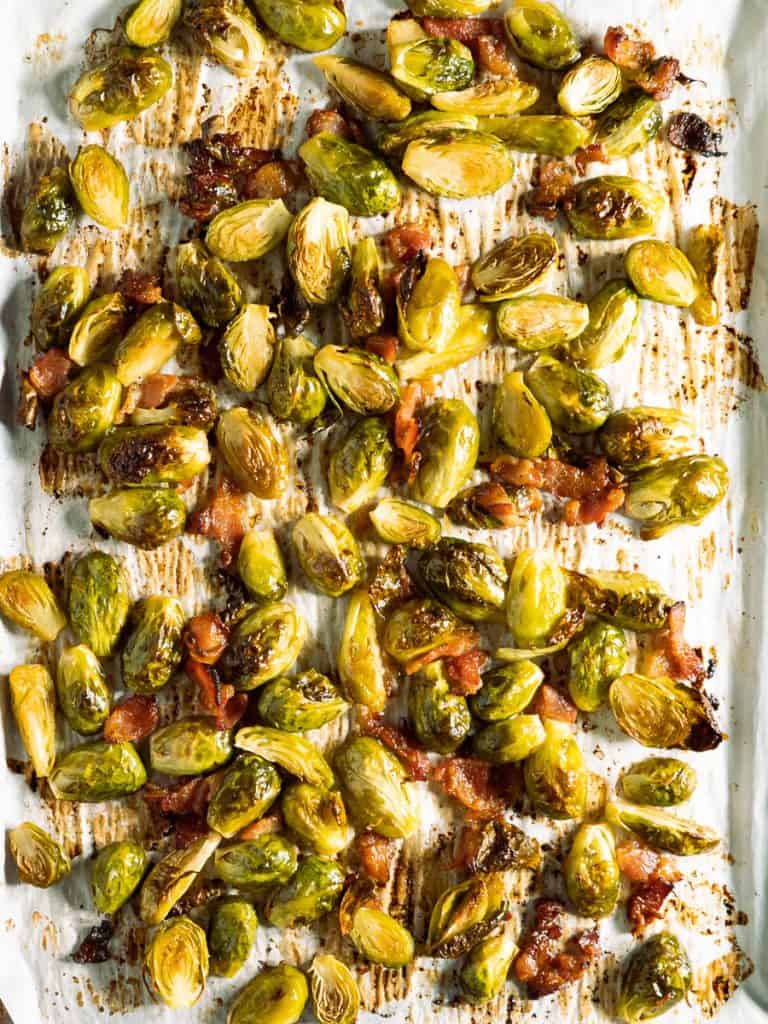 close up of roasted maple bacon brussels sprouts