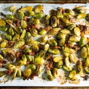 maple bacon brussels sprouts fresh out of the oven.