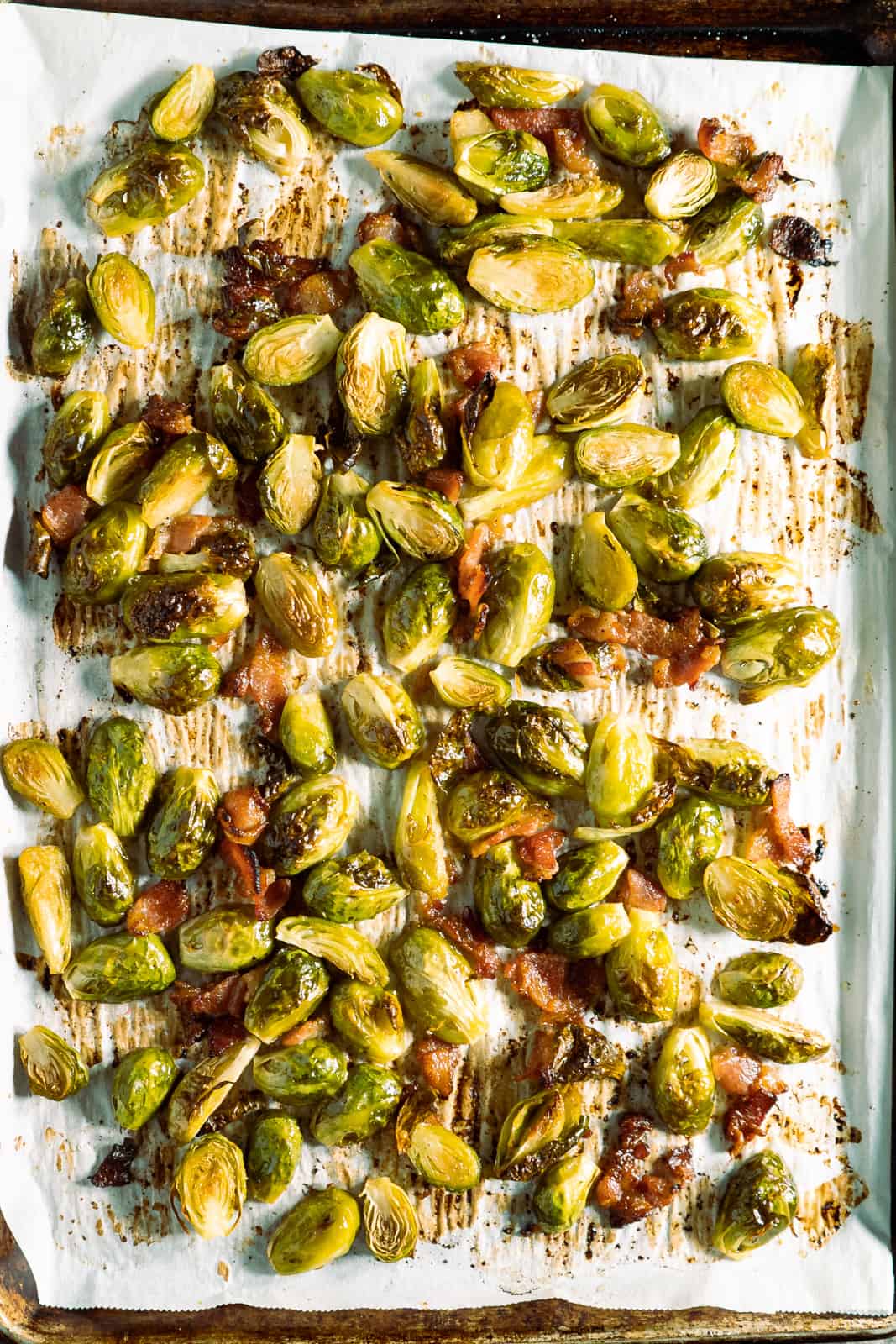 roasted brussels sprouts on a large baking sheet.