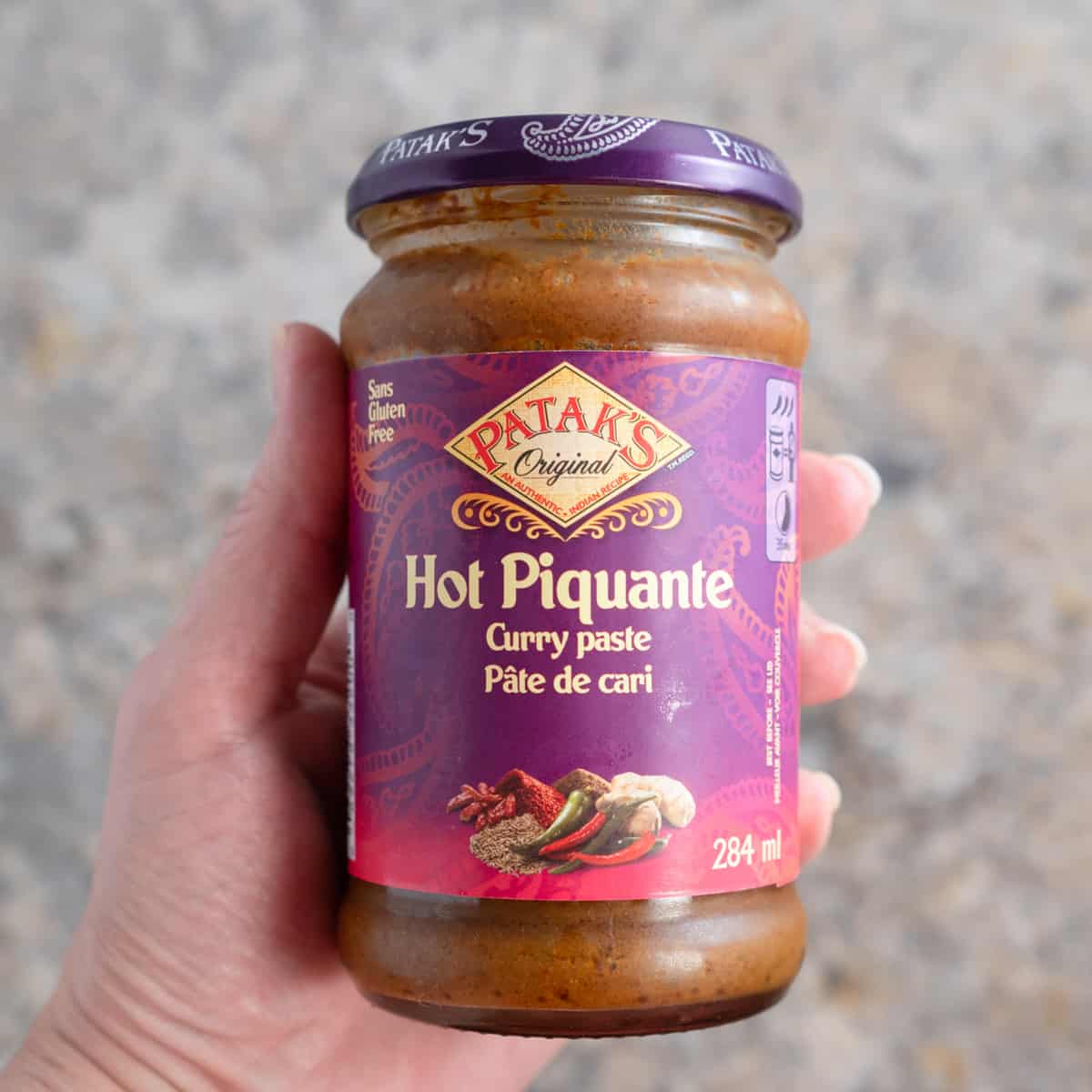 A jar of Patak's Hot Curry paste.