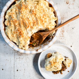 lentil shepherd's pie whole and one serving on the side