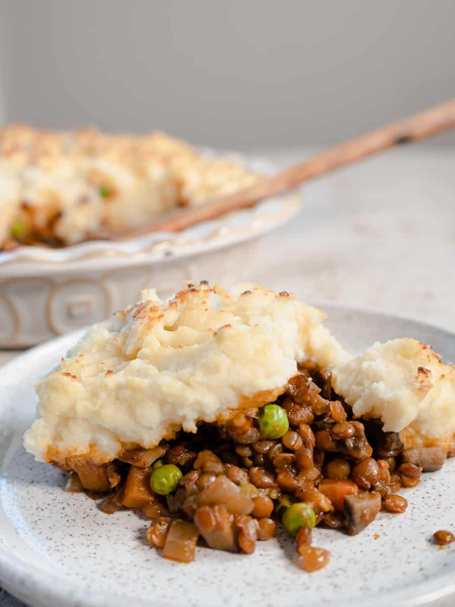 close up of a single serving of lentil shepherd's pie