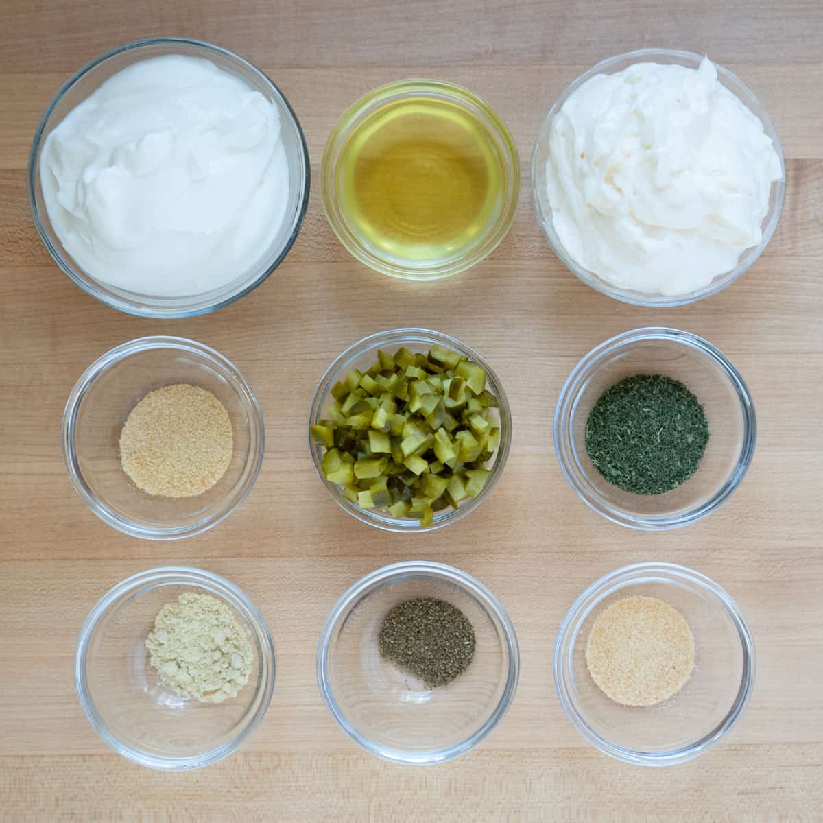 prepared ingredients to make dill pickle salad dressing