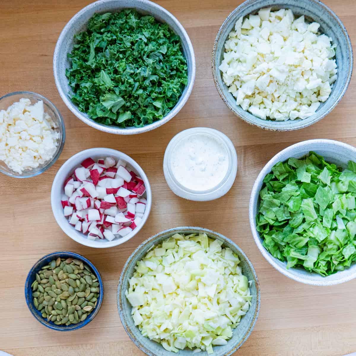 prepared ingredients to make dill pickle chopped salad.