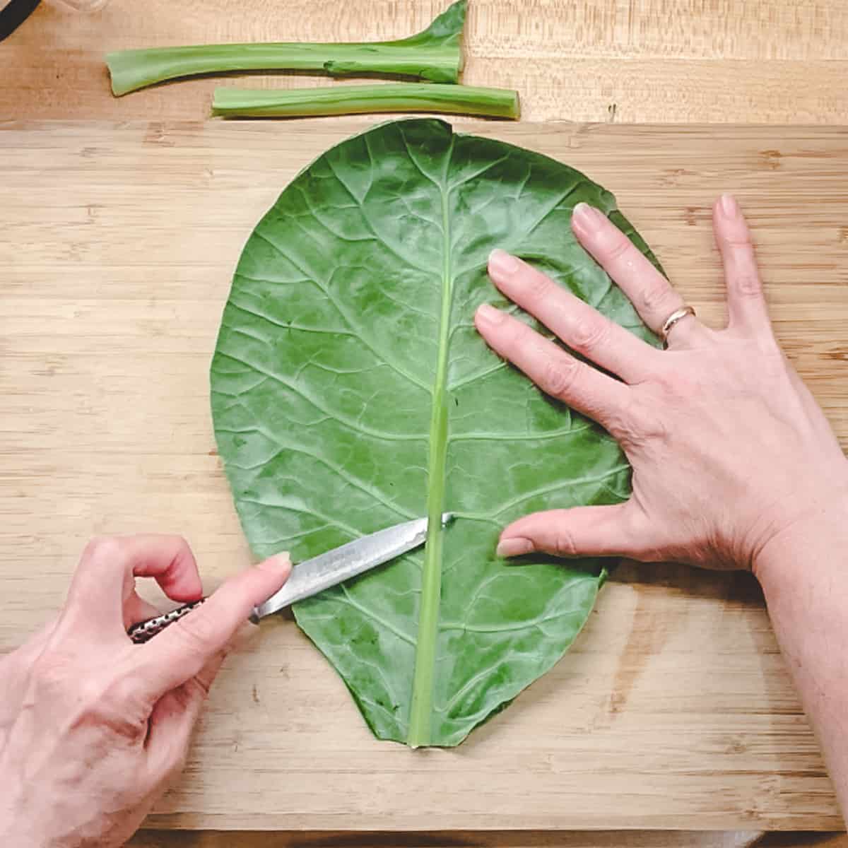 trimming the stem of the collard green leaf. 