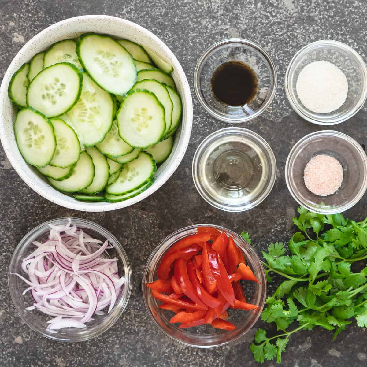 prepared ingredients for Thai style cucumber salad.