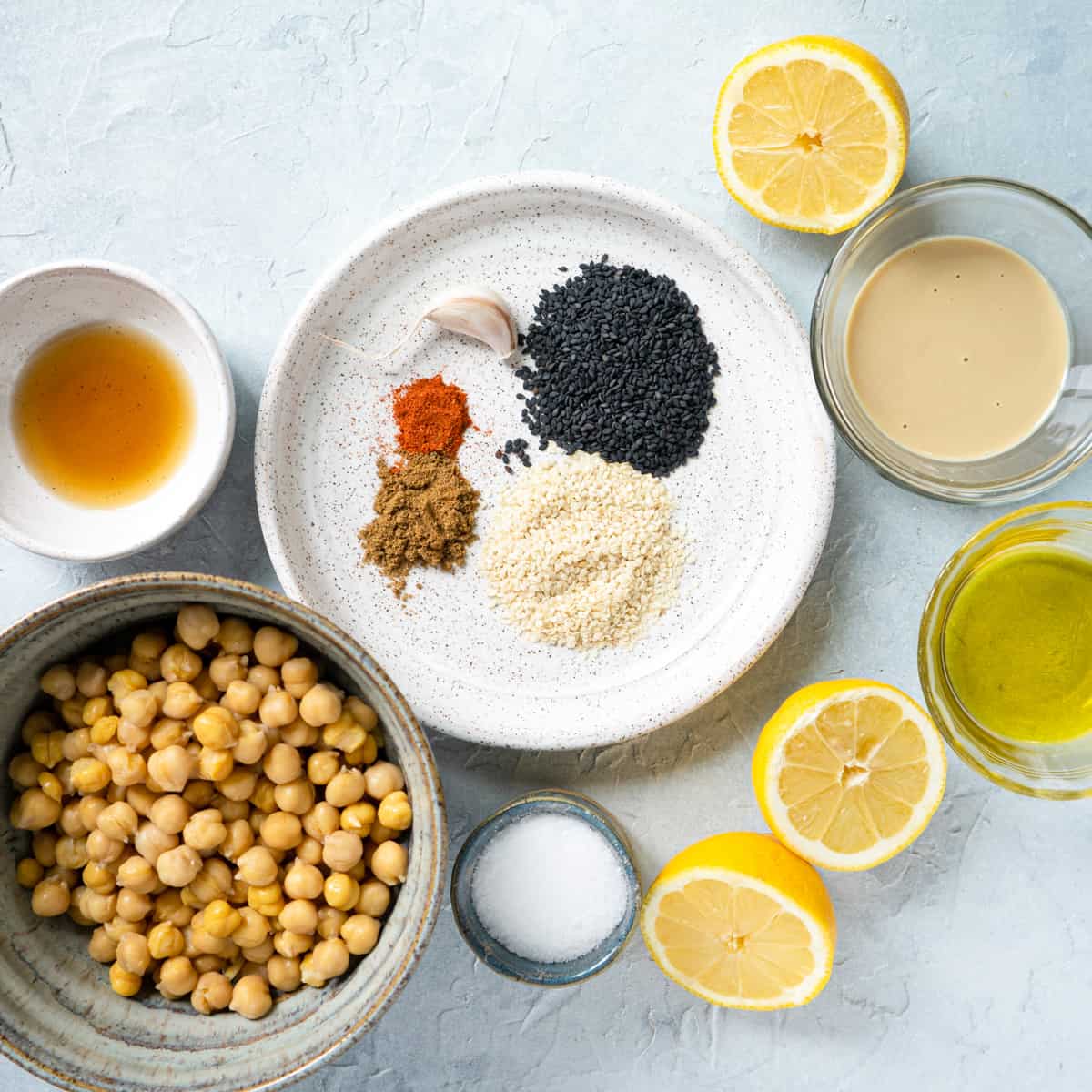 All prepared ingredients to make toasted sesame hummus.