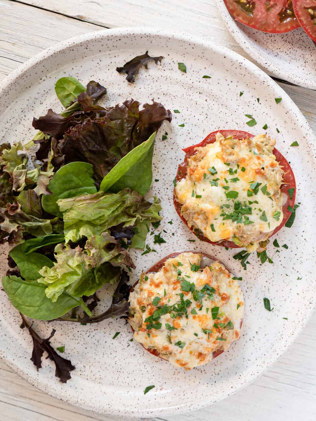 2 tomato tuna melts on a white plate with a side of greens.