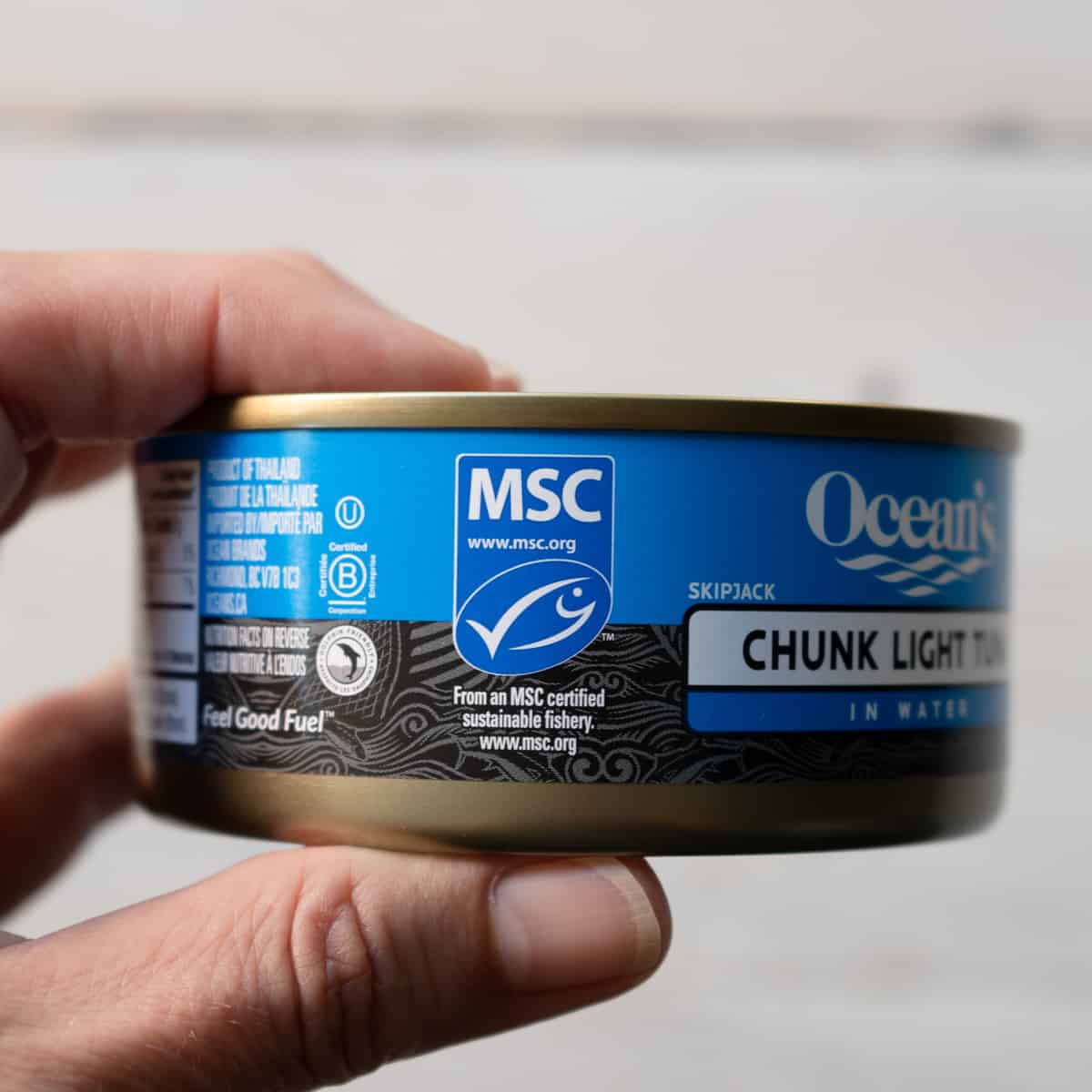 a can of tuna showing the msc label to look for when shopping for sustainable fish products.